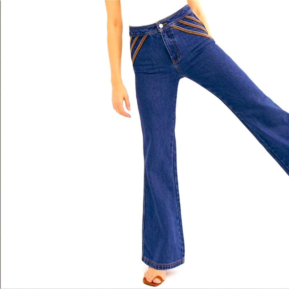 Free People Indigo Flare Jeans with Tan Accents